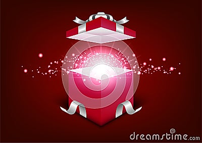 Premium festival celebration, open pink gift box, silver ribbon, red background, merry christmas, happy new year, birthday, Vector Illustration