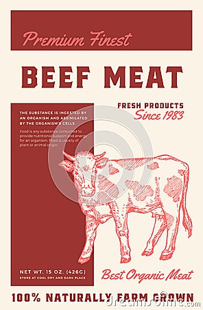 Premium Finest Beef Steak. Abstract Vector Meat Packaging Product Label Design. Retro Typography and Hand Drawn Cow Vector Illustration