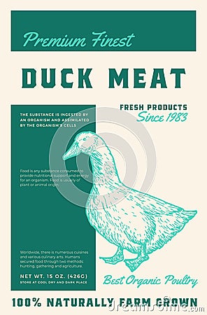 Premium Finest Duck Meat. Abstract Vector Poultry Meat Packaging Product Label Design. Retro Typography and Hand Drawn Vector Illustration