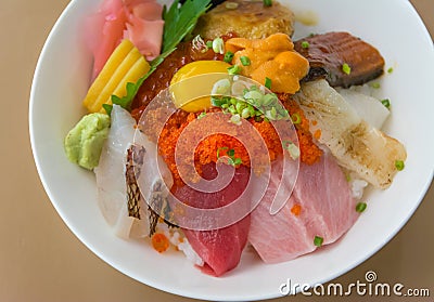 Premium fresh raw-seafood on rice (Kaisen Don) closeup. Stock Photo