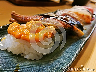 Premium fresh seafood sushi served in a row Stock Photo