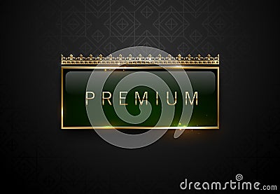 Premium green label with golden frame sparks and crown on black geometric pattern background. Dark luxury logo template. Vector Vector Illustration