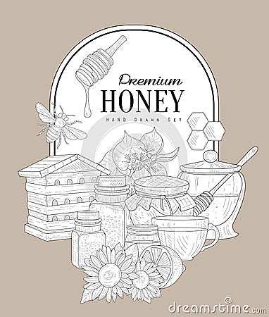 Premium Honey Vintage Sketch Vector Illustration