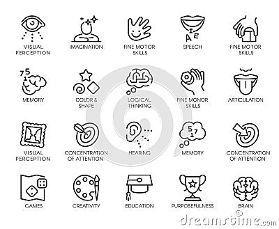 Premium Icons Pack on Human Cognitive Abilities and Preschool Development of Children. Such Line Signs as Fine Motor Vector Illustration