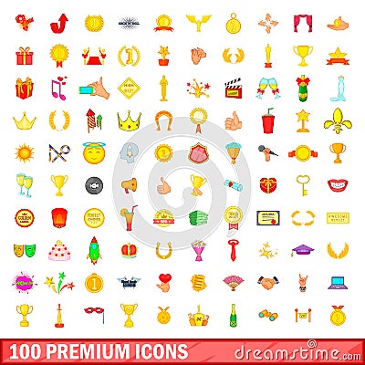 100 premium icons set, cartoon style Vector Illustration