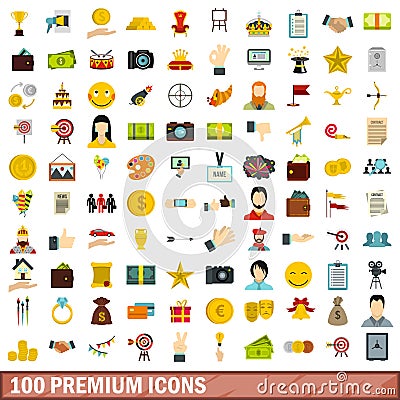 100 premium icons set, flat style Vector Illustration