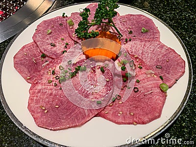 Premium Japanese beef tongue slices for barbecue or yakinuku Stock Photo