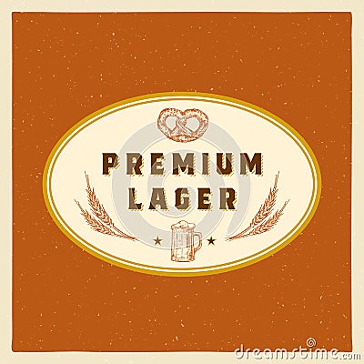 Premium Lager Abstract Vector Beer Sign, Symbol or Label Template. Hand Drawn Retro Beer Mug, Wheat and Pretzel with Vector Illustration