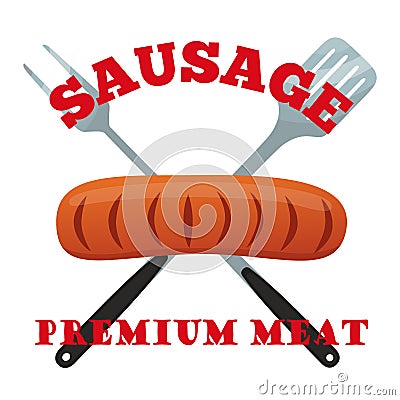 Premium meat label. Pork, ham, barbecue fork, spatula. Flat style Vector Illustration