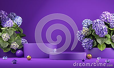 Premium Mockup Purple Display Podium, Bouquet Flora Background 3D Rendering Stock Photo