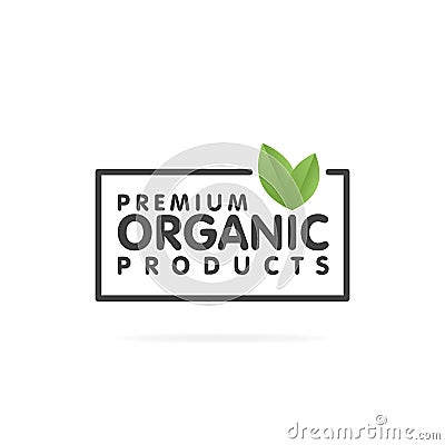 Premium organic products banner. Text and frame with green leaf. Vector illustration Cartoon Illustration