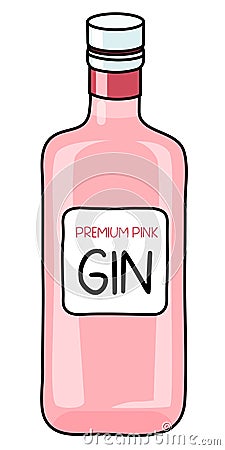 Premium pink Gin in a bottle. Doodle cartoon hipster style vector illustration isolated on white background. Good for Vector Illustration