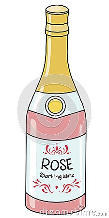 Premium Pink Sparkling Champagne Prosecco Cava wine in a bottle. Cute Valentines day doodle cartoon hipster style vector Vector Illustration