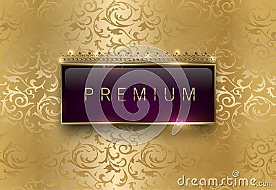 Premium purple label with rectangle golden frame crown on gold floral background. Royal glossy vip template. Vector luxury Vector Illustration