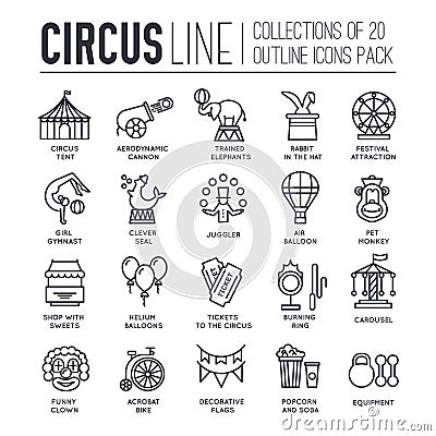 Premium quality circus outline icons collection set. Festival linear symbol pack. Modern show template of thin line Vector Illustration