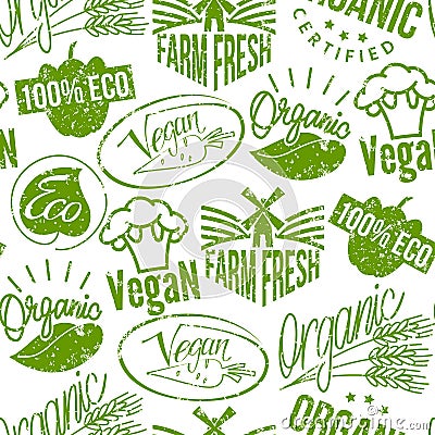 Premium quality eco vegan stamp logo product mark retro grunge badges vector seamless pattern background . Vector Illustration