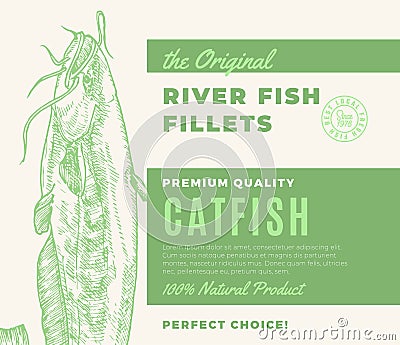 Premium Quality Fish Fillets. Abstract Vector Fish Packaging Design or Label. Modern Typography and Hand Drawn Catfish Vector Illustration