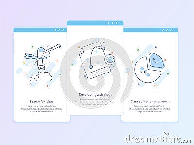 Premium Quality Line Icon And Concept Set Onboarding: Search for ideas, Developing a strategy, Data collection methods Vector Illustration