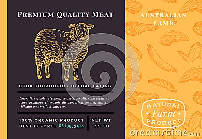 Premium Quality Meat Abstract Vector Lamb Packaging Design or Label. Modern Typography and Hand Drawn Sheep Sketch Vector Illustration