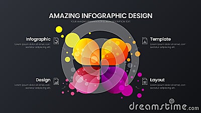 4 option marketing analytics vector illustration template. Business data design layout. Colorful organic statistics infographic. Vector Illustration