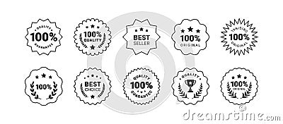 Premium quality product labels set. Round quality product guarantee logo collection. Black circle badge icons with 100 Vector Illustration