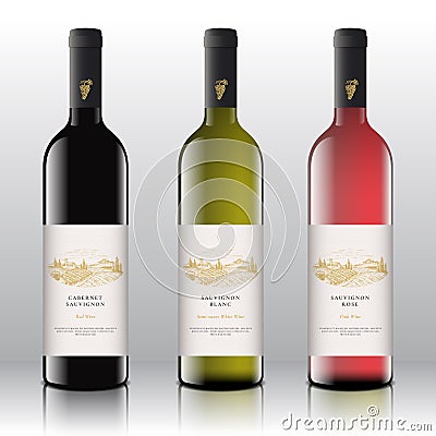 Premium Quality Red, White and Pink Wine Labels Set on the Realistic Vector Bottles. Hand Drawn Grapes Bunch and Rural Vector Illustration