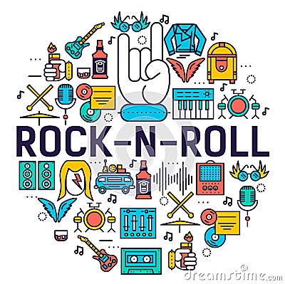 Premium quality ROCK`N`ROLL outline icons collection set. Music equipment linear symbol pack. Modern template of thi Vector Illustration