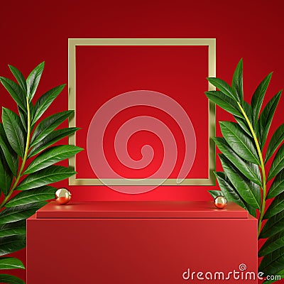 Premium Red Mockup Podium Retangle Stage With Golden Frame And Leaves Tropic Red Backgrounds Illustration 3d Rendering Stock Photo