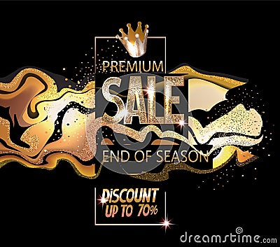 Premium sale banner with gold liquid substance and vintage design elements. Vector Illustration