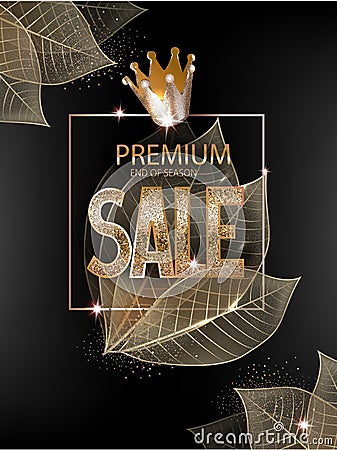 Premium sale banner with gold skeleton leaves, crown and letters. Vector Illustration