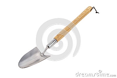 premium stainless steel gardening shovel spade with brown wooden handle in perspective isolated on white background Stock Photo