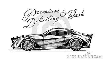 Premium wash. Car in Hatching doodle style. Auto detailing. Vehicle service or Automobile center. Hand drawn sketch line Vector Illustration