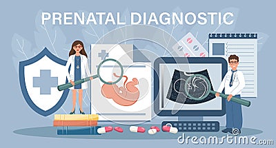 Prenatal diagnosis for landing page. Doctors scan the embryo. Template, banner vector Vector Illustration