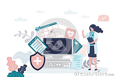 Prenatal health care concept. Female doctor,ultrasound machine and medical signs. Pregnancy Planning and To Do List Vector Illustration