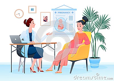 Prenatal medicine, pregnancy medical checkup in hospital with young pregnant patient Vector Illustration