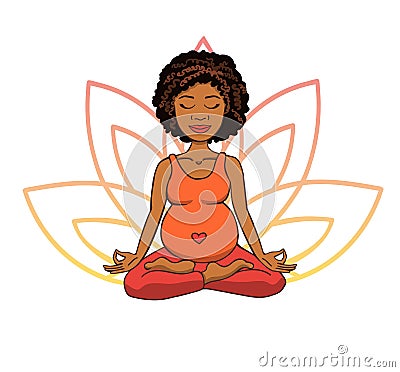 Prenatal yoga. Vector illustration of young cute african girl meditating in lotus position with flower petals in pink and orange g Vector Illustration