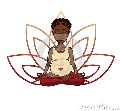 Prenatal yoga. Vector illustration of young cute African girl meditating in lotus position with flower petals in red and orange gr Vector Illustration
