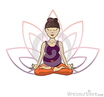 Prenatal yoga. Vector illustration of young cute asian girl meditating in lotus position with flower petals in violet and pink gra Vector Illustration