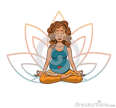 Prenatal yoga. Vector illustration of young cute Latin American girl meditating in lotus position with flower petals in pink and b Vector Illustration