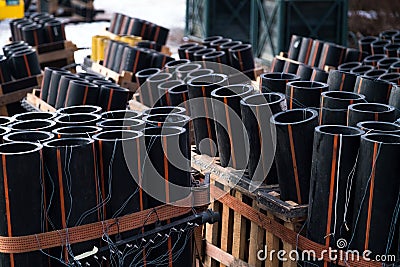 Preparation of big firework show with tubes with gunpowder and electric wire Stock Photo