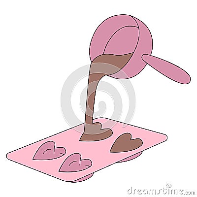 Preparation of chocolates. Cartoon style. Pouring chocolate into silicone heart-molds. Vector illustration Vector Illustration
