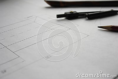 Preparation for drafting documents, drawings, tools and diagrams on the table. Stock Photo