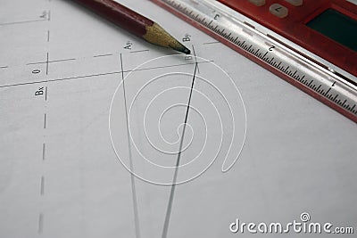 Preparation for drafting documents, drawings, tools and diagrams on the table Stock Photo