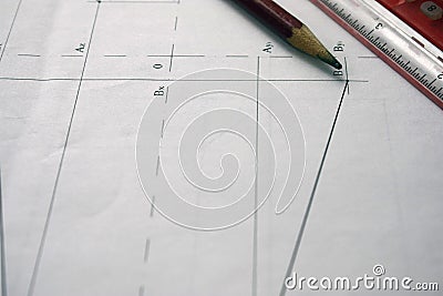 Preparation for drafting documents, drawings, tools and diagrams on the table Stock Photo