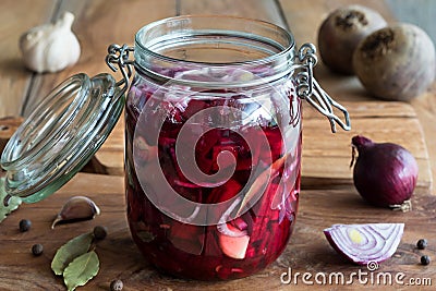 Preparation of fermented beets & x28;beet kvass& x29; in a jar Stock Photo