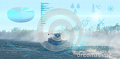 Preparation of the field by a farmer using a tractor equipped with smart sensors that allow the calculation of important parameter Stock Photo
