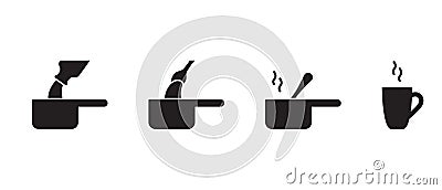 Preparation of hot chocolate on stove. Silhouette icons set. Pour milk into saucepan, add cocoa, stir, warm up. Basic recipe of Vector Illustration