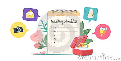 Preparation for Marriage Concept with Wedding Checklist, Box with Engagement Rings and Flowers. Event Organization, Plan Vector Illustration