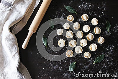 Preparation of pelmeni. Top view. Ingredients on black table. Traditional Russian cuisine. Stock Photo