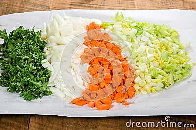 Preparation for soup with carrots, onions and celery Stock Photo